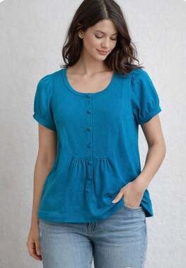 Calypso Christiane Celle Teal Blue Puff Sleeve Button-Front Knit Top
